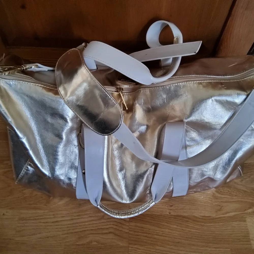 Versace Metallic Gold Duffel Bag with White Straps